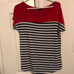 Red, White, & Navy Striped Shirt.